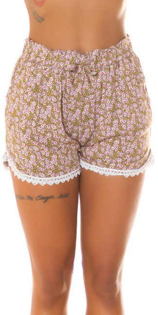 Hoge taille shorts met print & kant khaki